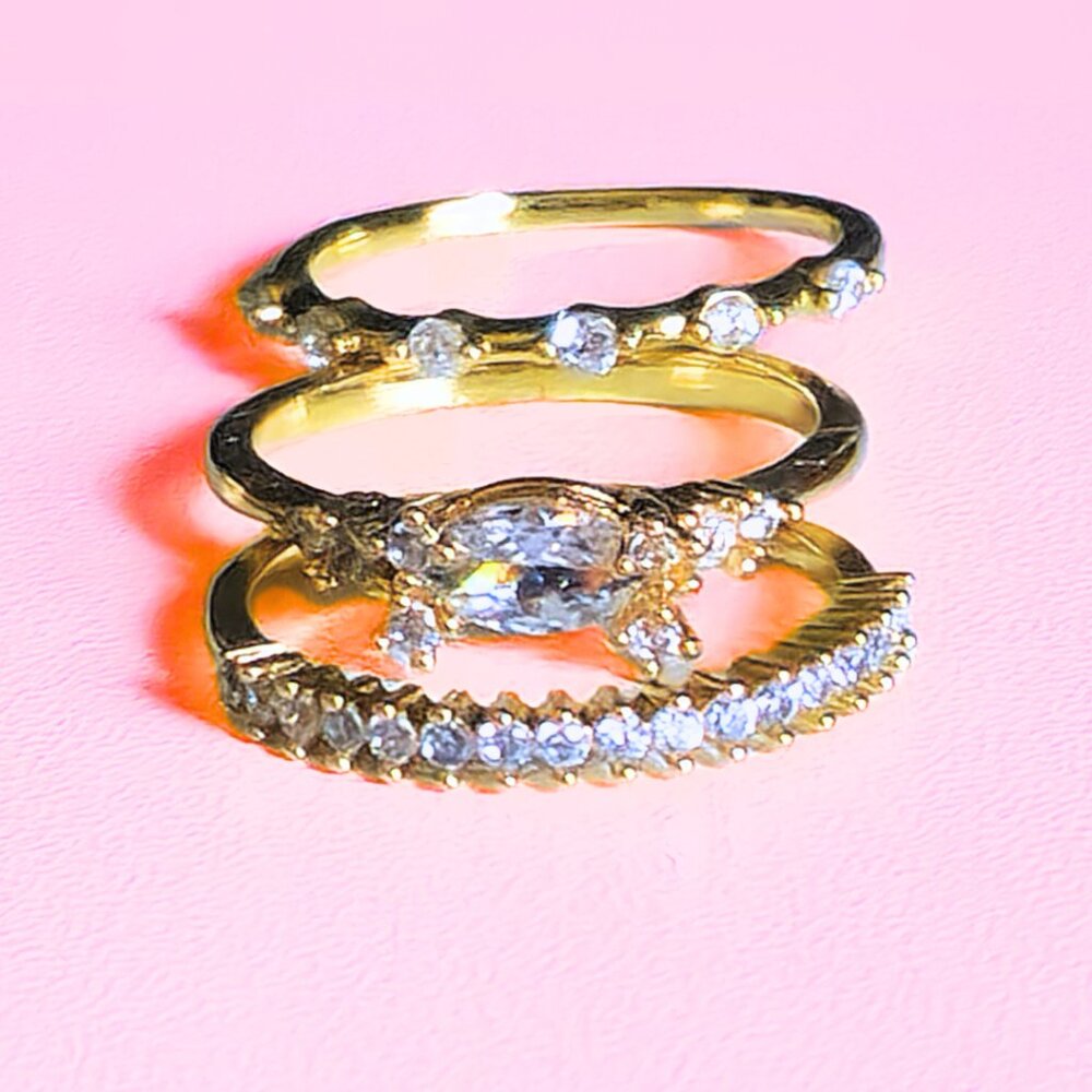3 Eyelet Rings Gold White Sapphires Lab Perfect for Stacking Size 8 NWT